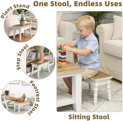 Rectangular Solid Wood Step Stool, Farmhouse Wooden Stool, Easy Assembly Narrow Step Stool for Kids, Indoor Plant Stand for Bathroom Kitchen, French Country Shabby Chic Decor