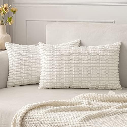 MIULEE Lumbar Corduroy Decorative Throw Pillow Covers 12x20 Pure White