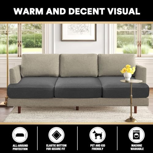 PrinceDeco Stretch T Cushion Sofa Slipcovers 3 Piece,Pets Friendly,Gray