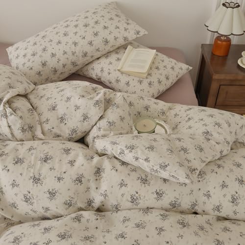 Floral Duvet Cover Queen Cotton Double Gauze Comforter Cover Queen Size Aesthetic Boho Cottagecore Vintage Duvet Cover Set with Zipper Country Soft Bedding Set for Girls Duvet Protector