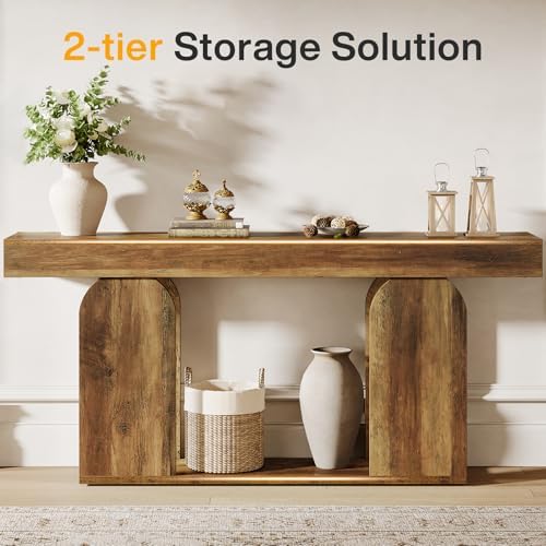 Tribesigns 70.9-Inch Extra Long Sofa Table, Farmhouse Console Tables with Wood Frame and Storage Shelf, 2-Tier Wood Table Behind Couch for Living Room, Hallway, Foyer, Vintage Brown