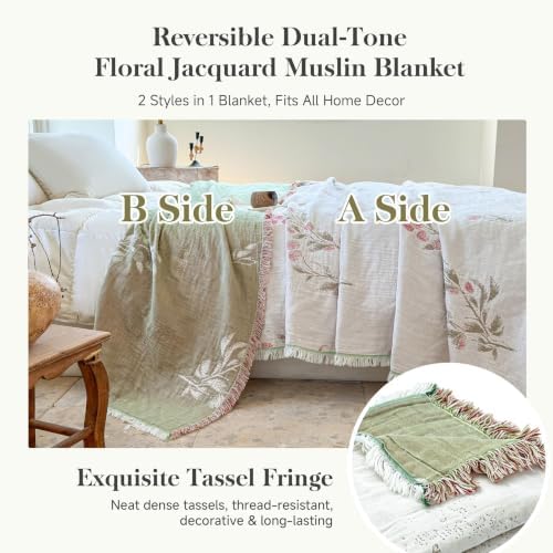 QKTE 100% Cotton Muslin Blanket King Size with Tassels, Lightweight Breathable Reversible Cooling Gauze Blanket for Bed Couch Camping, All-Season Soft Coverlet (White Green, 104" x 90")