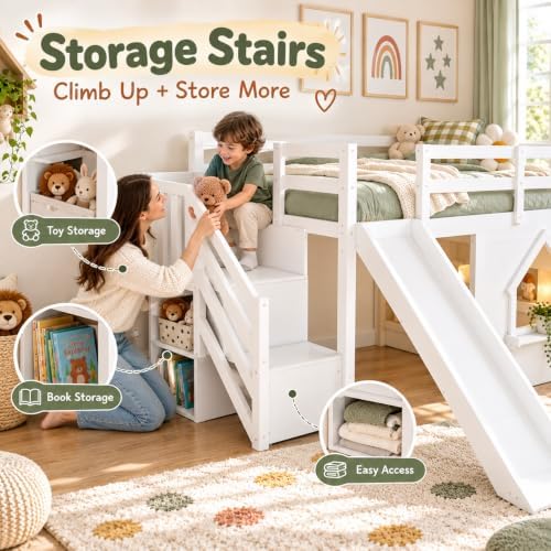 Twin Loft Bed with Slide for Kids, LED Lights & Storage, White