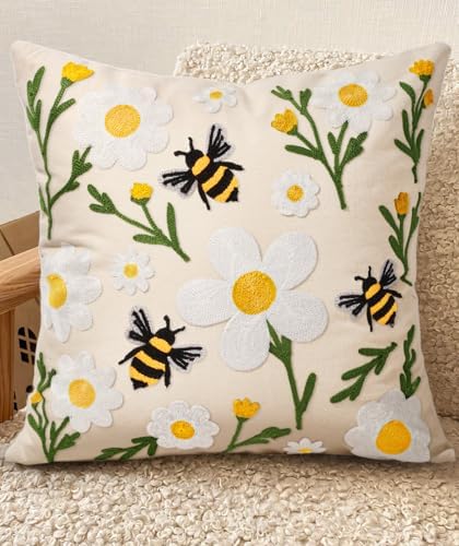 Embroidered Throw Pillow Cover 18x18 Inch, Flower Bee