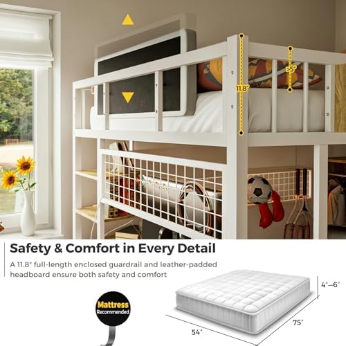 Loft Bed with Desk and Stairs, Headboard, Outlet (White, Full)