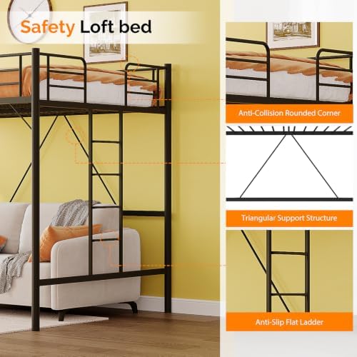 VINGLI Loft Bed Full Size with Flat Rungs for Adults, Kids and Young Teens, No Box Spring Needed,Heavy Duty Metal Slat Support,Black