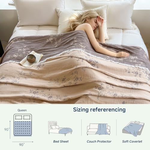 Simple&Opulence Cotton Muslin Blanket Queen 90"x90", Reversible Yarn-Dyed Vintage Brick Beige Floral Jacquard, 3-Layer Gauze with Tassels, Lightweight Breathable All-Season Bedspread for Bed Couch