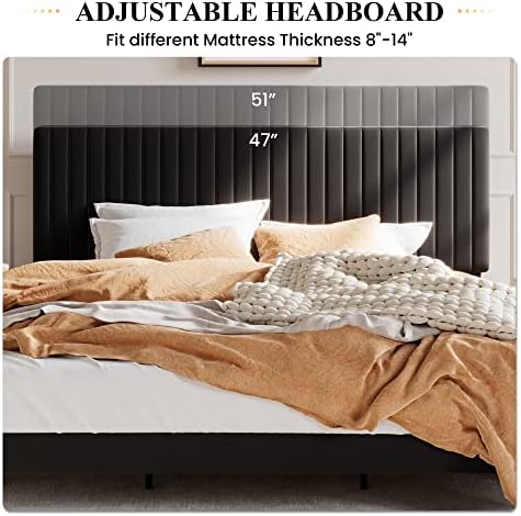 SHA CERLIN King Upholstered Platform Bed Frame with Adjustable Headboard/Vertical Channel Tufted Velvet Fabric/Wooden Slats Support/Mattress Foundation/Box Spring Optional/Black
