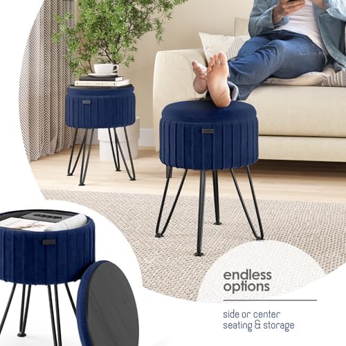 Round Ottoman with Storage, Pleated Velvet Storage Ottoman, Foot Stool Ottomans, Makeup Vanity Stool, Small Ottomans Foot Rest, Modern Vanity Stools for Living Room and Bedroom, Blue