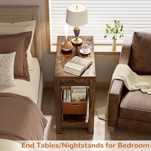 Besiost Farmhouse End Table, Slim End Table with Storage Shelf, Small Console Table for Small Spaces, Rustic Nightstand Sofa Table for Living Room, Bedroom, 24", Rustic Brown