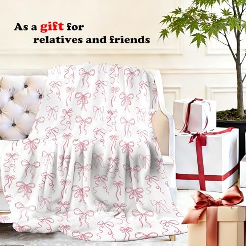 Pink Bow Throw Blanket for Couch, Girly Room Decor Aesthetic, Coquette Pink Ribbon Bow Throw Blanket for Girls Bedroom Dorm Living Room Home Decoration, 50x60 Inches