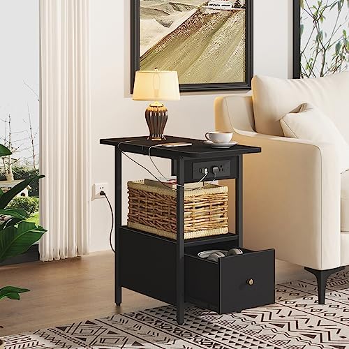LIDYUK End Table with Charging Station, Narrow Side Table with Drawer