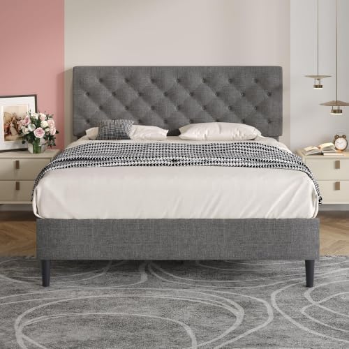 Lullabyre Full Bed Frame with Headboard, Upholstered Platform Bed, Grey