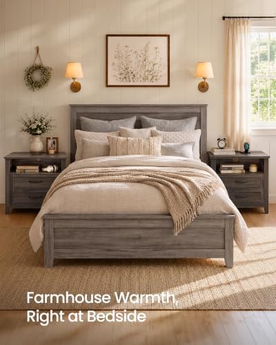 VASAGLE Farmhouse Nightstand with Charging Station, 2 Drawers, Open Shelf