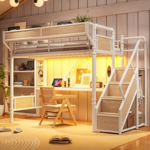 Twin XL Size Metal Loft Bed Frame with Staircase & Built-in Desk & Wardrobe, Loft Bed with Pegboard & Mesh Storage Baskets & Slats, No Box Spring Required, Easy Assembly, for Bedroom, White