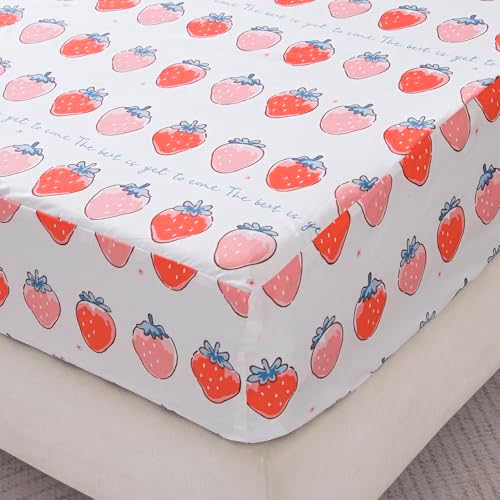 Bedding Fitted Sheet with Deep Pocket,Cute Fruit Printed Fabric Bed Sheets (Pink Strawberry, Twin)