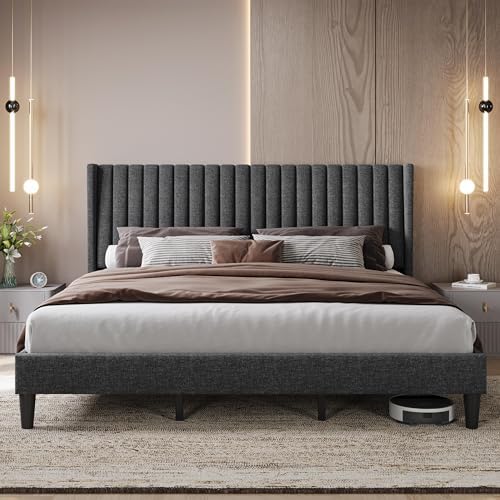 Yaheetech King Bed Frame with Headboard, Dark Gray Channel-Tufted Platform