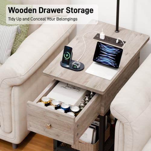 runjuly Floor Lamp with Table, Narrow Side Table with Charging Station