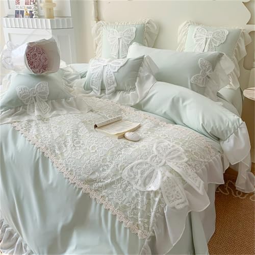 MOOWOO Lovely Bow Chic Duvet Cover Set- Ruffle Lace Polyester Comforter Cover -Girl French Princess Style Bedding-2 Piece Twin Duvet Cover with Zipper Closure-No Comforter-Green,Twin Size