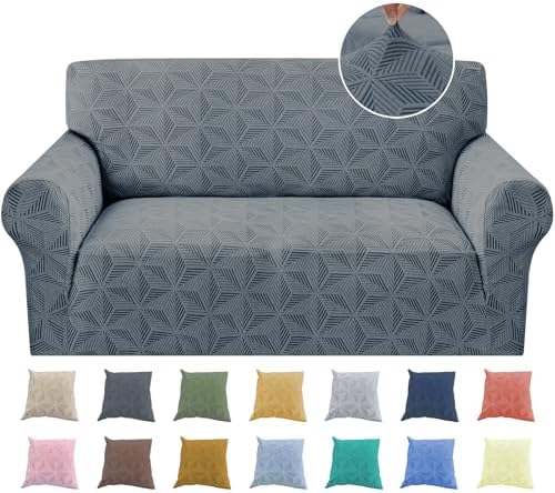 YEMYHOM 1 Piece Stretch Couch Covers for 2 Cushion Couch, Jacquard Loveseat Cover with Non-Slip Elastic Bottom, Thickened Slipcover Furniture Protector for Dogs Pets (Medium, Dark Gray）