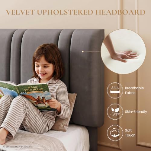 SHA CERLIN Twin Size Velvet Bed Frame with Adjustable Headboard, Grey