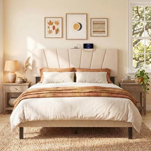 KOMFOTT Upholstered Full & Queen Headboard with Charging Station, Beige