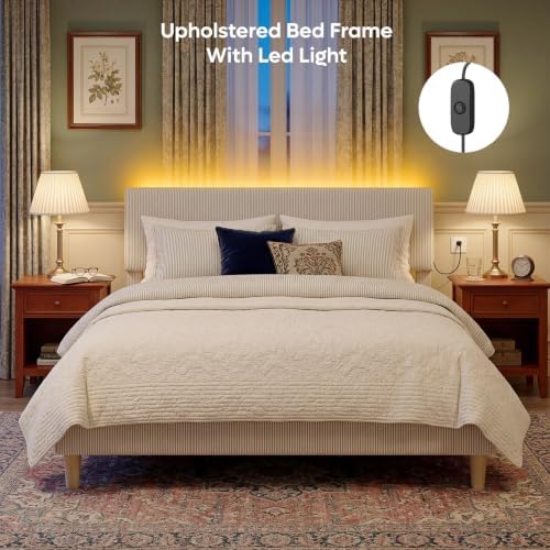 Bestier King Size Bed Frame with Headboard LED Lighting,Upholstered,Beige
