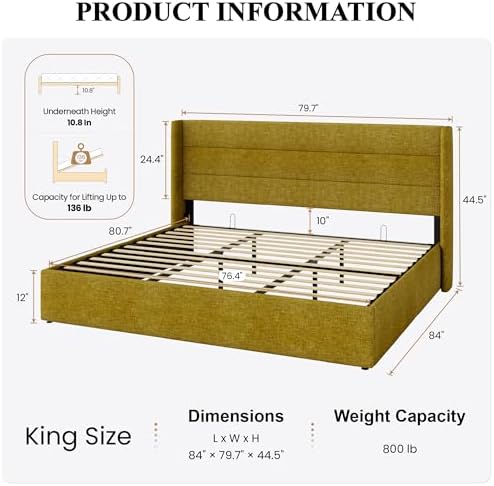 SHA CERLIN King Size Lift Up Hydraulic Storage Bed Frame Olive Yellow