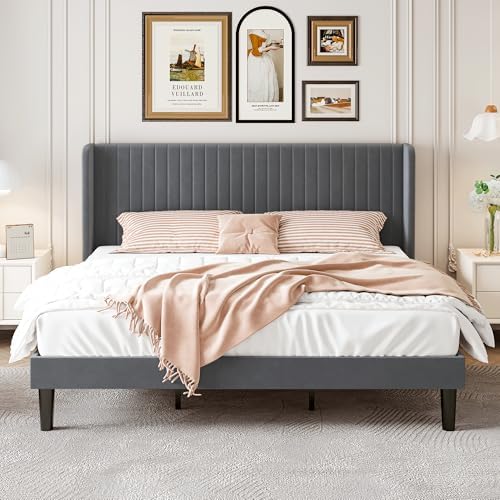 SHA CERLIN King Size Velvet Bed Frame, Tufted Wingback Headboard, Grey