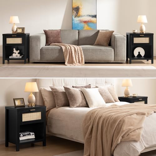 SICOTAS Black Rattan Nightstand Farmhouse Night Stands with Drawer