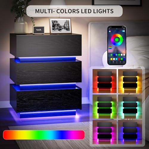 COWMOU LED Night Stand with Charging Station, 3 LED Strip Lights, 2 Outlets and USB-A/C Ports Bed Side Tables Bedroom Set Black End Table for Living Room