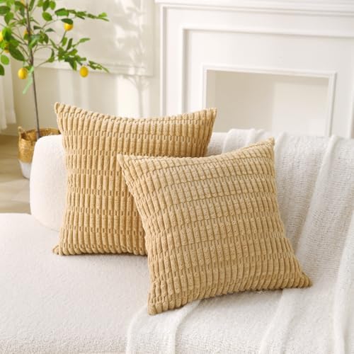 2 Pack Corduroy Decorative Throw Pillow with Inserts, 20x20 Inch Soft Boho Throw Pillow, Square Striped Throw Pillows for Couch, Bed, Sofa Decor (Golden Brown)