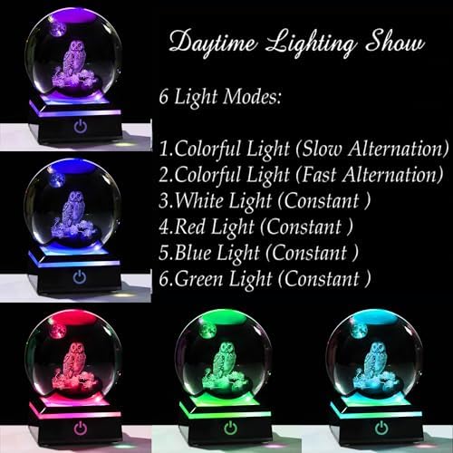 Owl Gifts for Women 3D Crystal Ball 3.14'' - Laser Owl Decor Glass Animals Bird Figurines Statue Stuff for Room Decorations Bird Night Light