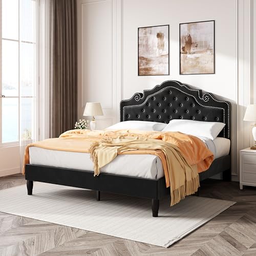 SHA CERLIN Full Size Bed Frame with Adjustable Headboard/Velvet Upholstered/Diamond Button Tufted and Metal Studs/No Box Spring Needed/Wood Slat Support/Easy Assembly/Black