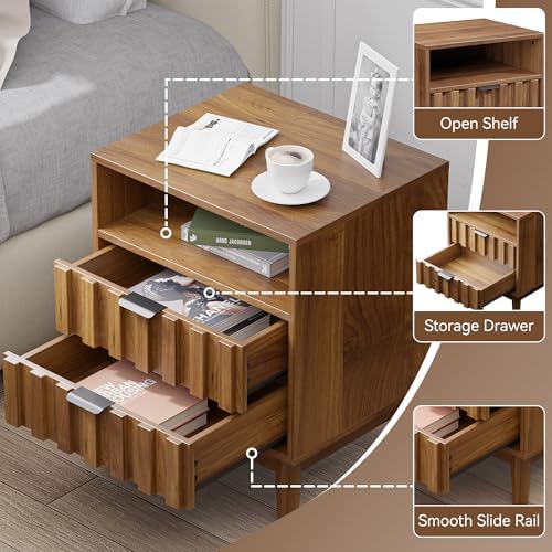 Fluted Nightstand Set of 2,Night Stand,Bedside Table,Walnut