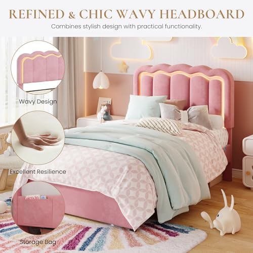 SHA CERLIN Twin Size Bed Frame with LED Lights and Storage Drawer, Pink