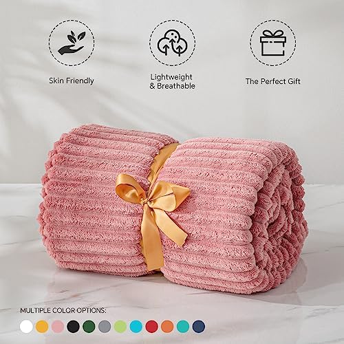 BEDELITE 3D Ribbed Jacquard Pink Fleece Twin Blanket for Couch, 60x80 Inch