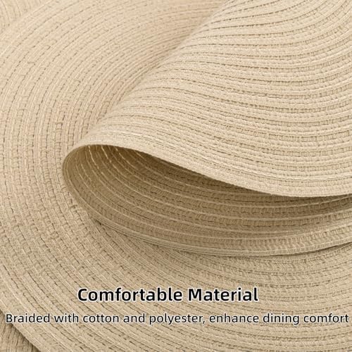SHACOS 15 inch Round Braided Placemats Set of 6 Cotton Polyester Heat Resistant Table Mats Washable Place Mats for Dinner Party Table Decoration (Light Beige, 6)