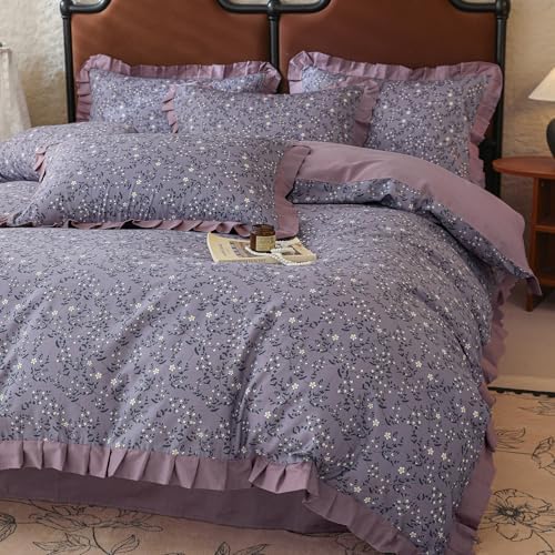 Girls Flower Duvet Cover Set 100% Cotton Queen(90"x90"),Ruffled Purple