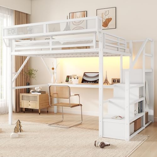 Queen Size Metal Loft Bed Frame with Desk, Staircase, Built-in Storage Shelves and Wardrobe, Modern Loft Bed with Solid Slat, Guardrail, No Box Spring Required, Easy Assembly, for Bedroom, White