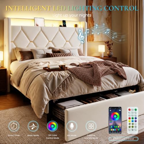 SHA CERLIN Full Size Bed Frame with Storage Drawer & LED Lights, White