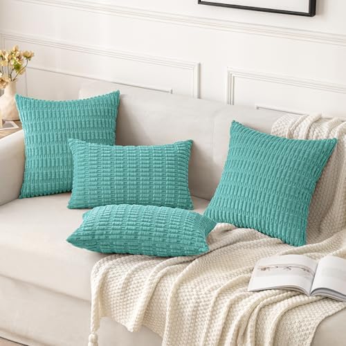 MIULEE Corduroy Decorative Throw Pillow Covers 20x20 Aqua Green Pack of 2