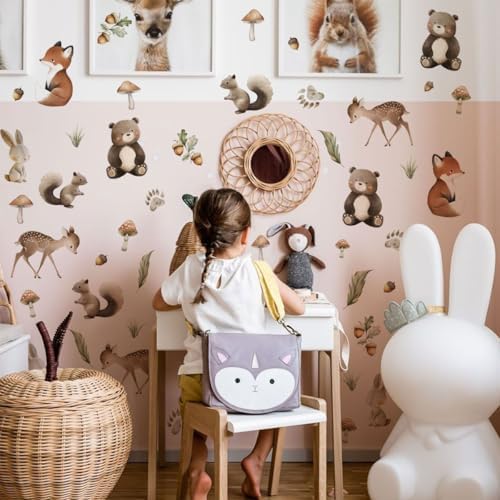 Woodland Animal Wall Stickers,Adorable Woodland Nursery Decals Decor,Animals Bear, Fox, Deer, Mushroom Peel and Stick Wall Decals ，Baby Nursery Kids Bedroom Living Room Decor