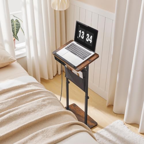 HOOBRO Side Table, Narrow End Table with Charging Station, Height Adjustable Side Table, Tiltable Surface, Storage Bag, Nightstand for Small Spaces, Living Room, Rustic Brown and Black BF435UBZ01