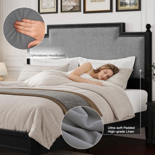 Queen Size Bed Frame with 50.2" Tall Upholstered Headboard, Black