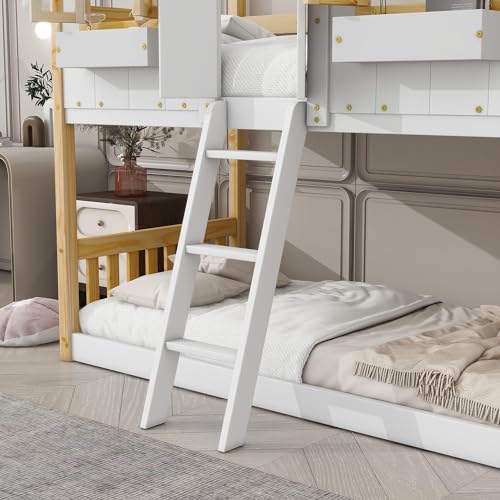 Twin Over Twin House Bunk Bed with Roof and Window, Natural White