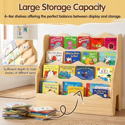 Kids Bookshelf Montessori Wooden Bookcase 4-Tier Front-Facing Organizer