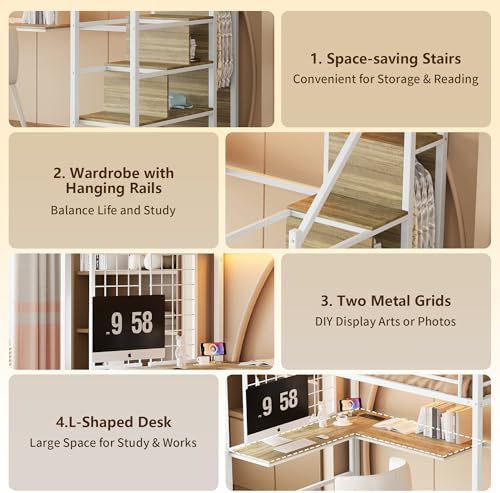 Twin Size Metal Loft Bed with Reversible Stairs & L-Shaped Desk