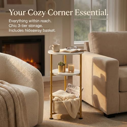 3-Tier Small Round Side Table with Storage Basket, White & Gold