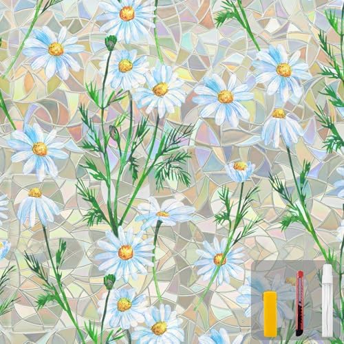 Countewol Privacy Window Films Stain Glass Cling No Glue Anti-UV Window Sticker for Bathroom Bedroom Living Room(Daisy Rainbow 78.7" L*35.4" W)